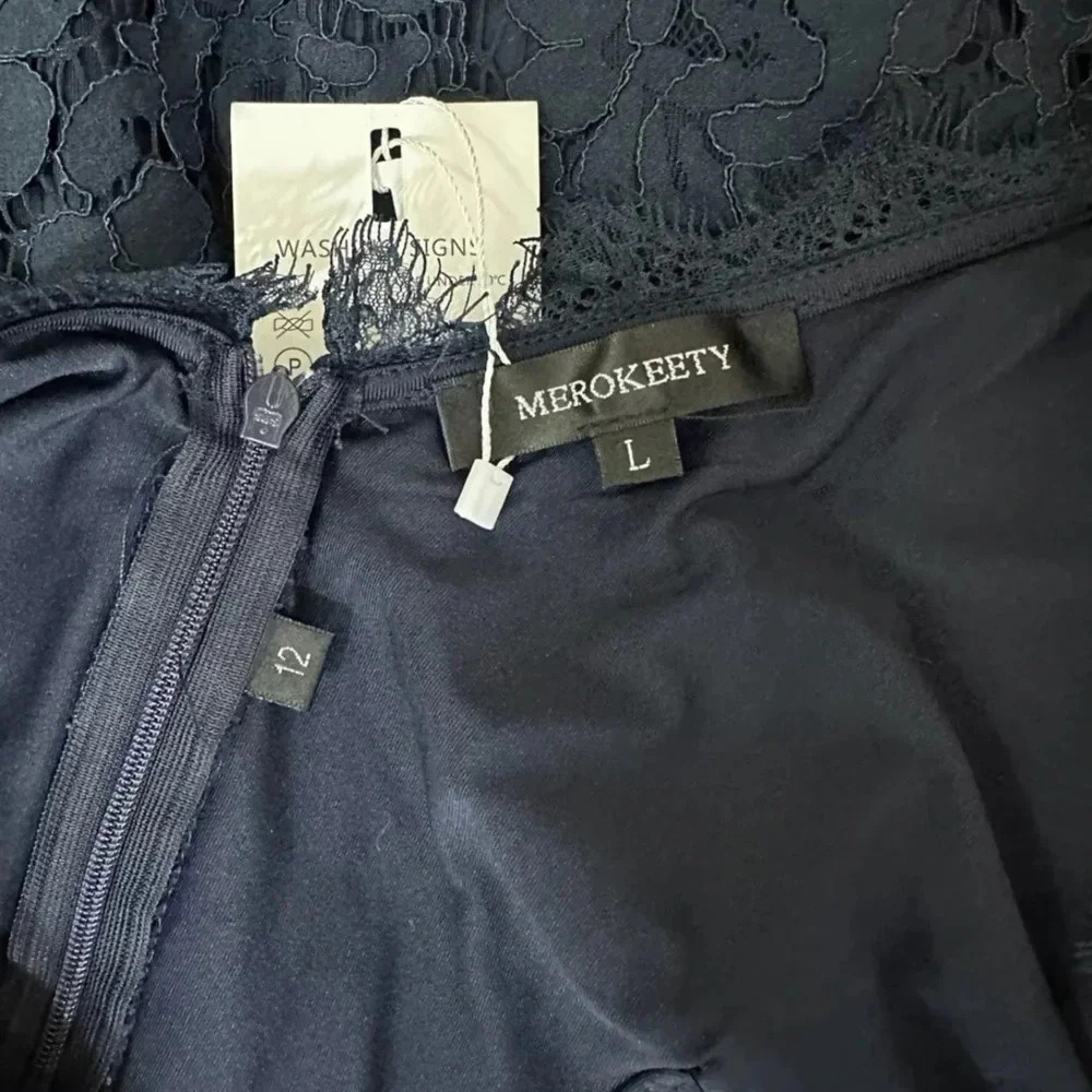 MEROKEETY 3/4 Sleeve Lace Floral Cocktail Dress navy blue sz L (12) - Picture 7 of 8
